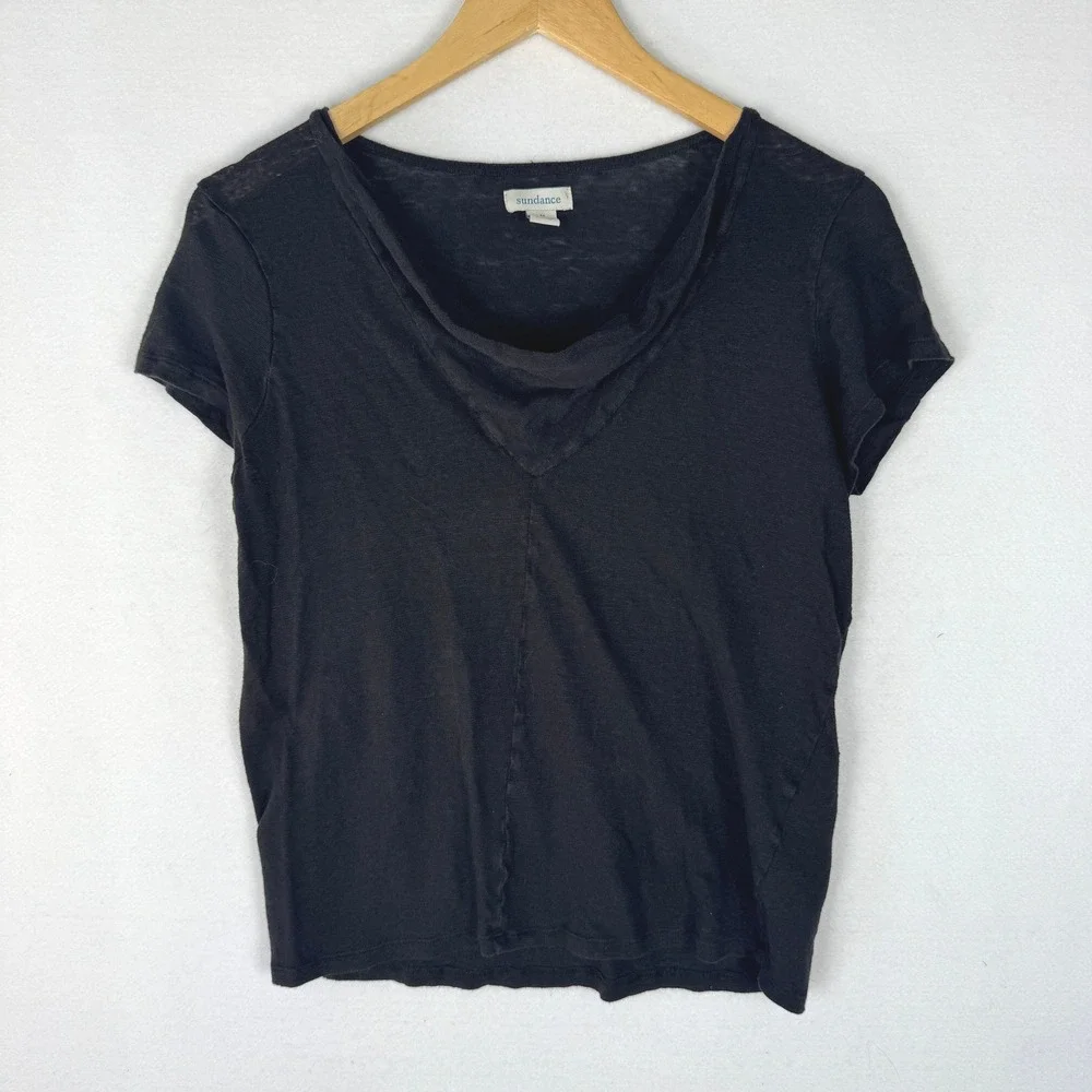Sundance Womens Black 100% Linen Short Sleeve V-Neck Cowl Tee Shirt Size M